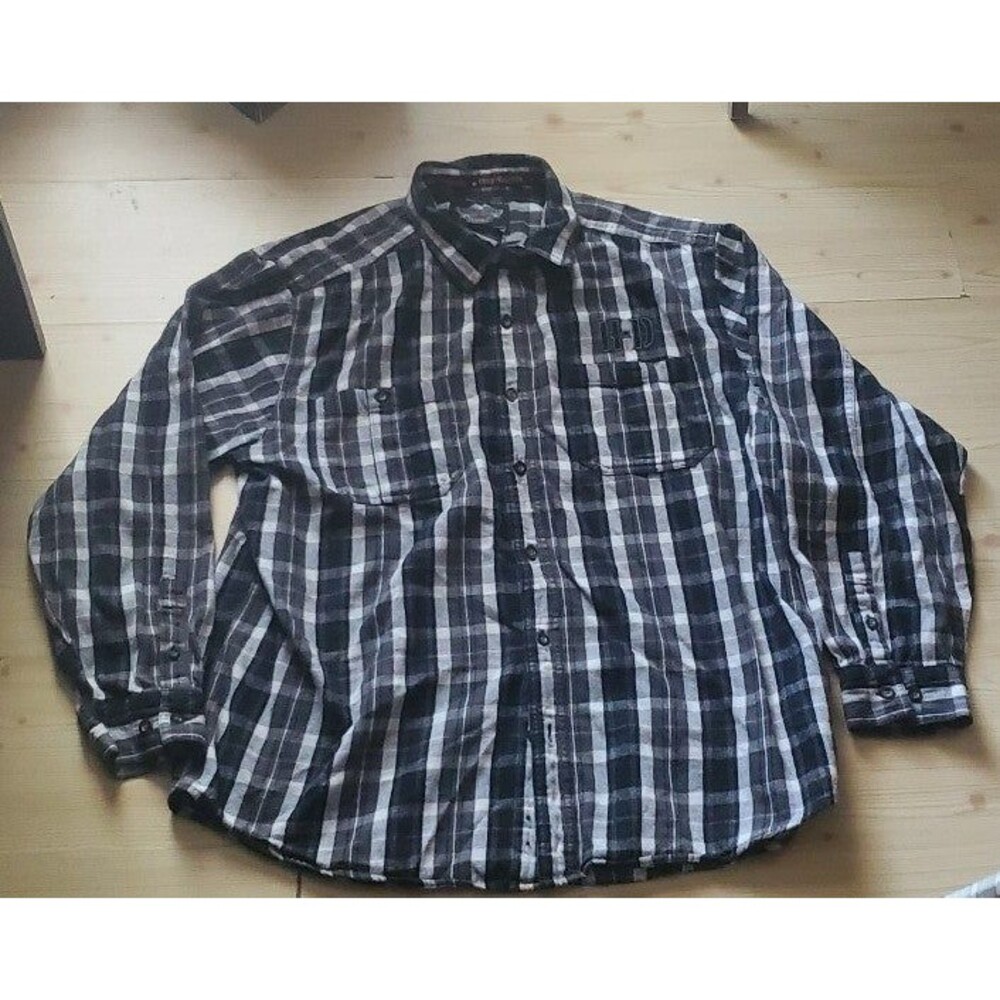 Harley Davidson Men's 2XL Black white Embroidered Flannel Patches Button Down